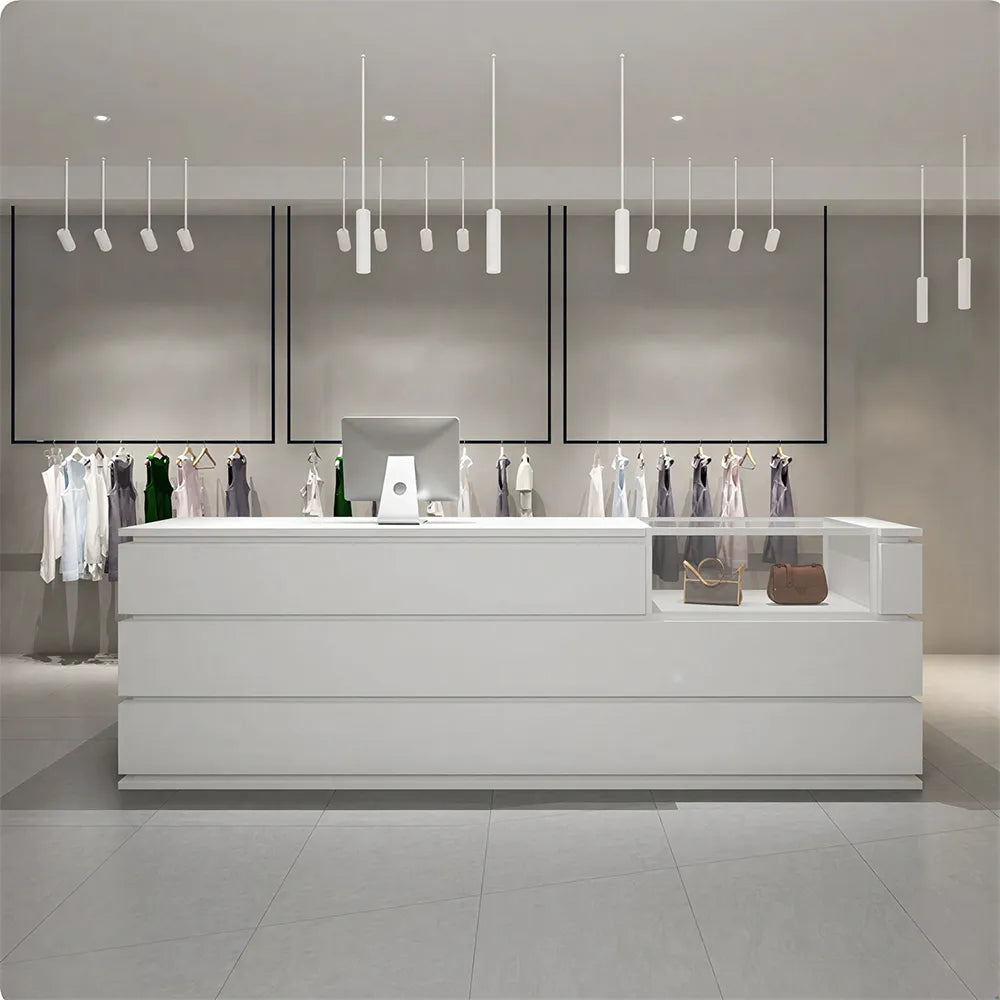 LUXORA 120/180cm Reception Counter with Tempered Glass Display & Storage for Retail Stores - White