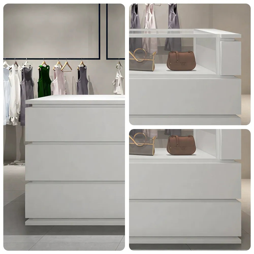 LUXORA 120/180cm Reception Counter with Tempered Glass Display & Storage for Retail Stores - White
