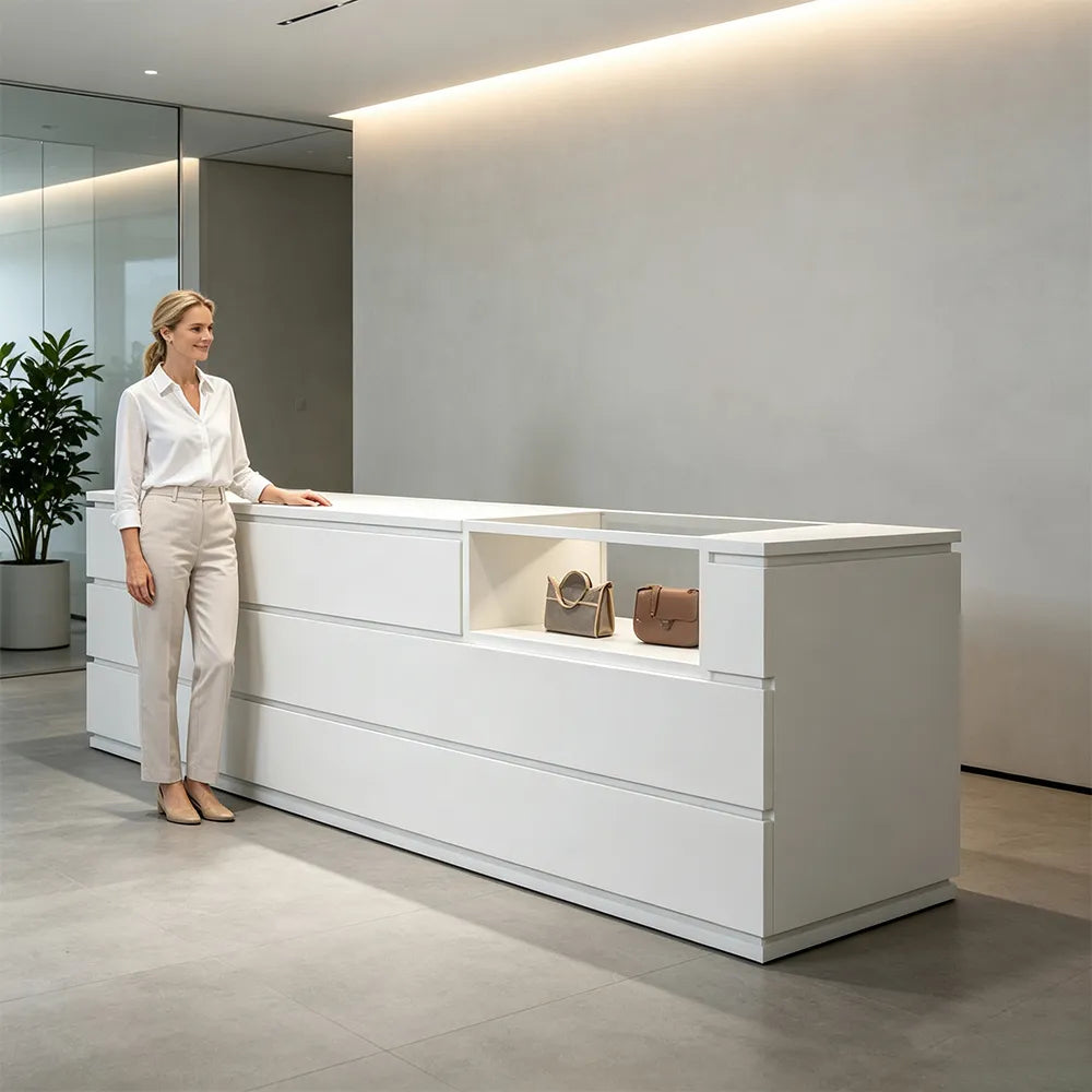 LUXORA 120/180cm Reception Counter with Tempered Glass Display & Storage for Retail Stores - White