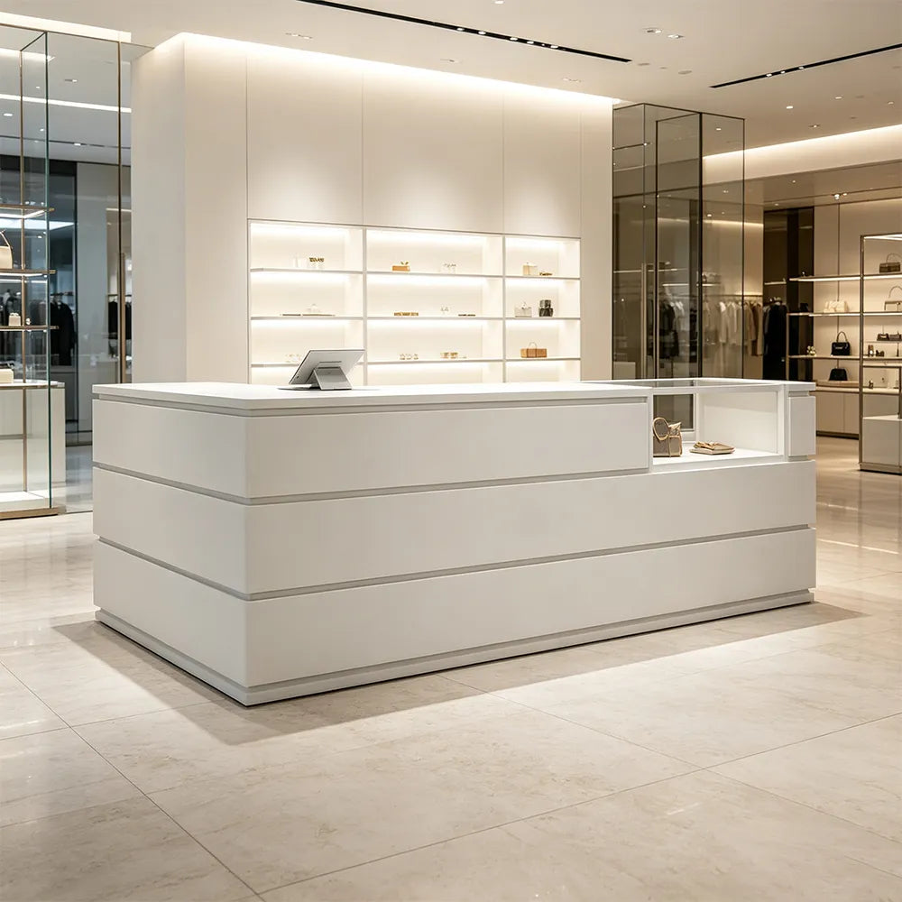 LUXORA 120/180cm Reception Counter with Tempered Glass Display & Storage for Retail Stores - White