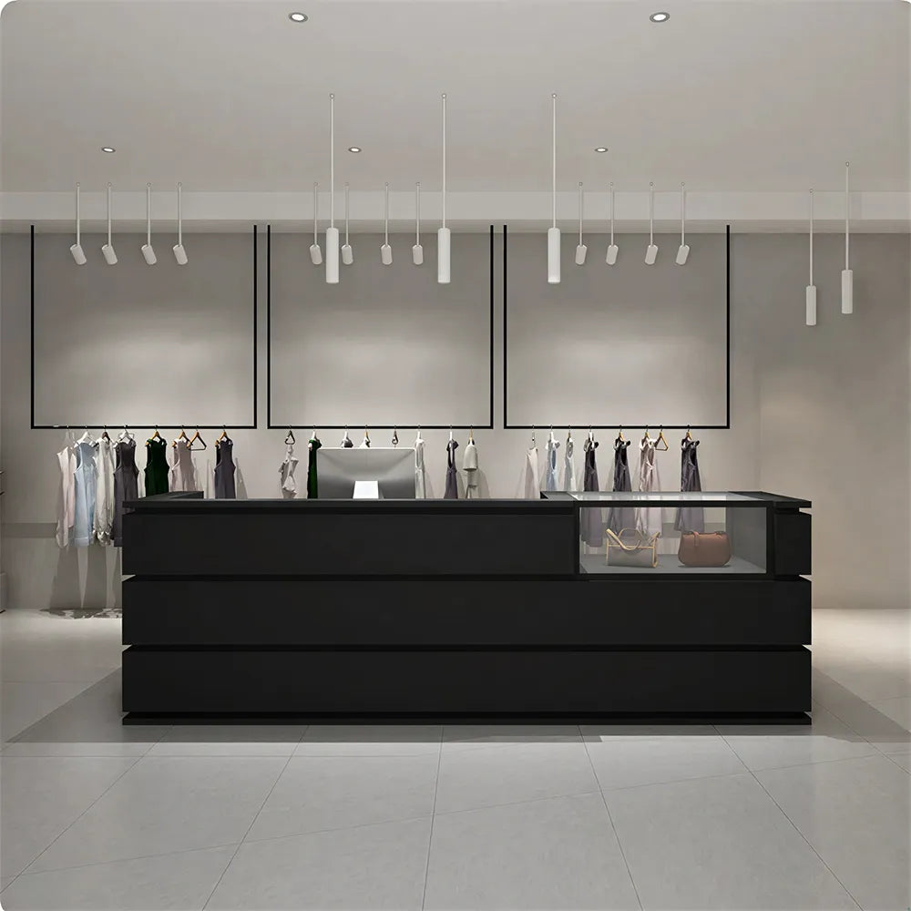 LUXORA 120/180cm Double-Tier Reception Counter with Tempered Glass Display & Storage for Retail Stores - Black