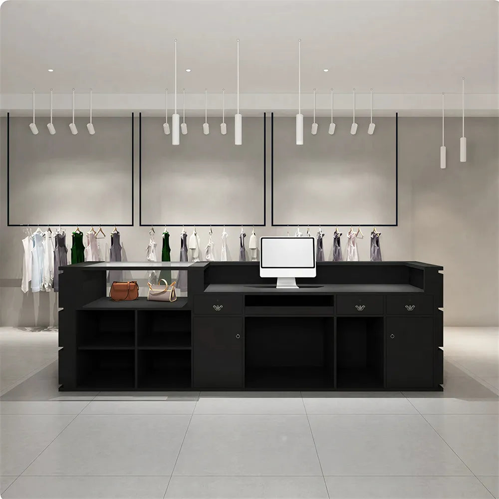LUXORA 120/180cm Double-Tier Reception Counter with Tempered Glass Display & Storage for Retail Stores - Black
