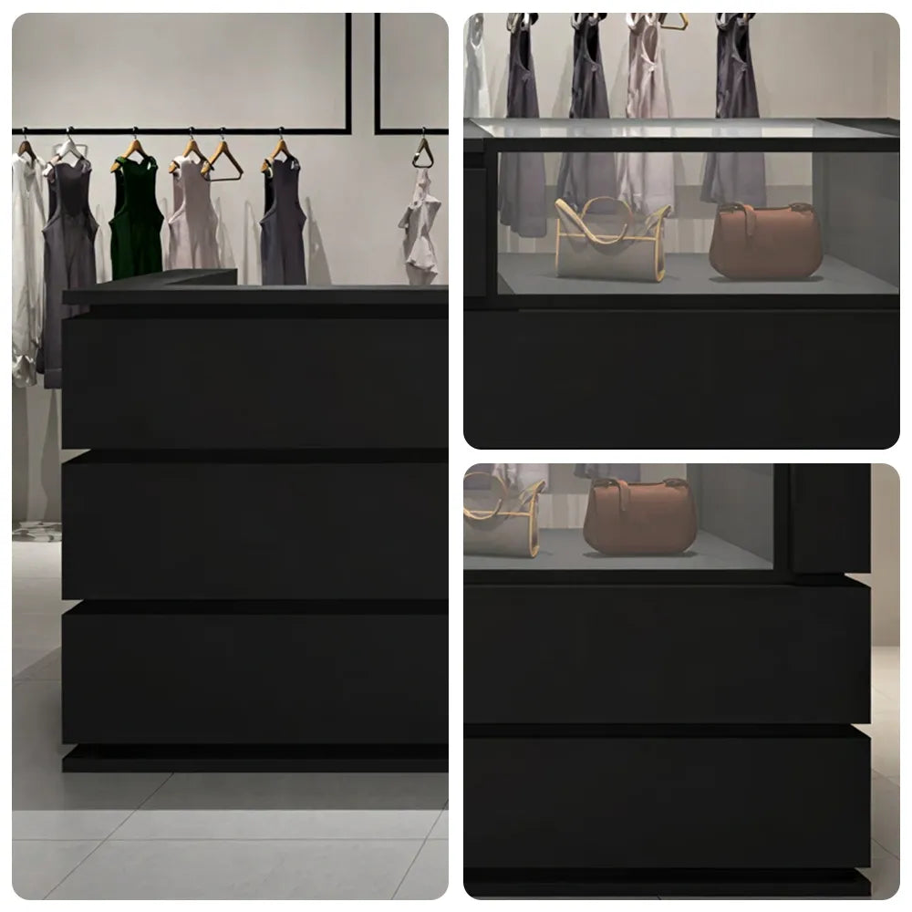 LUXORA 120/180cm Double-Tier Reception Counter with Tempered Glass Display & Storage for Retail Stores - Black