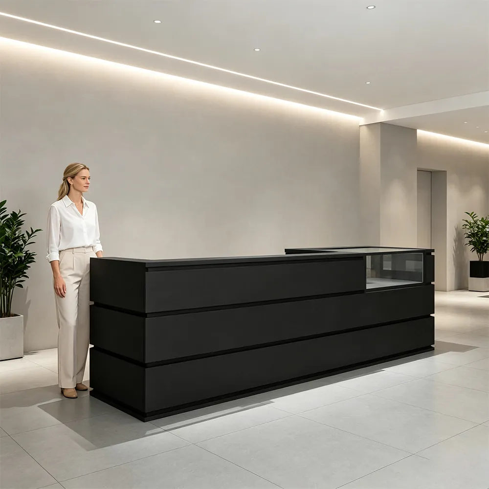 LUXORA 120/180cm Double-Tier Reception Counter with Tempered Glass Display & Storage for Retail Stores - Black