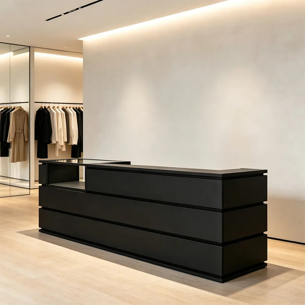 LUXORA 120/180cm Double-Tier Reception Counter with Tempered Glass Display & Storage for Retail Stores - Black