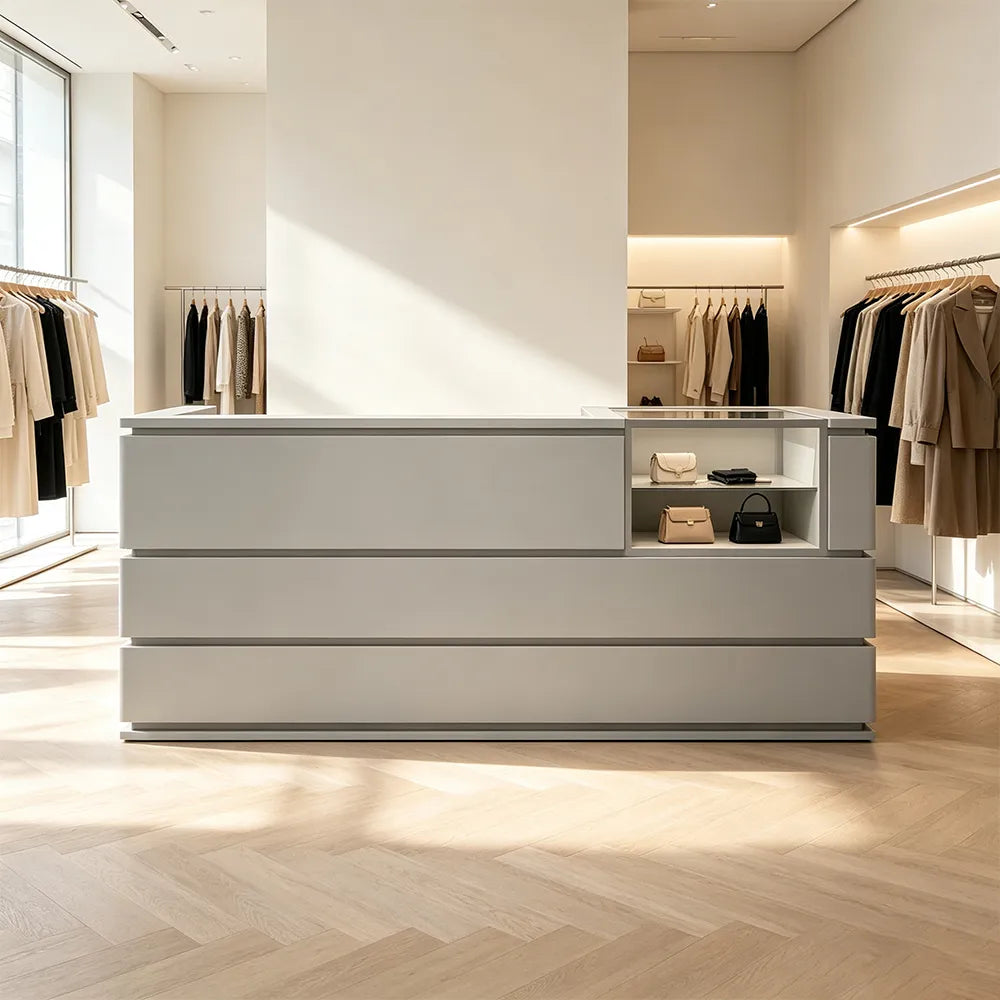 LUXORA 120/180cm Double-Tier Reception Counter with Tempered Glass Display & Storage for Retail Stores - Grey