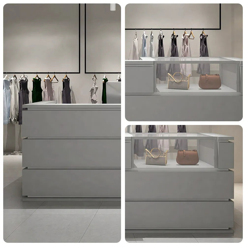 LUXORA 120/180cm Double-Tier Reception Counter with Tempered Glass Display & Storage for Retail Stores - Grey