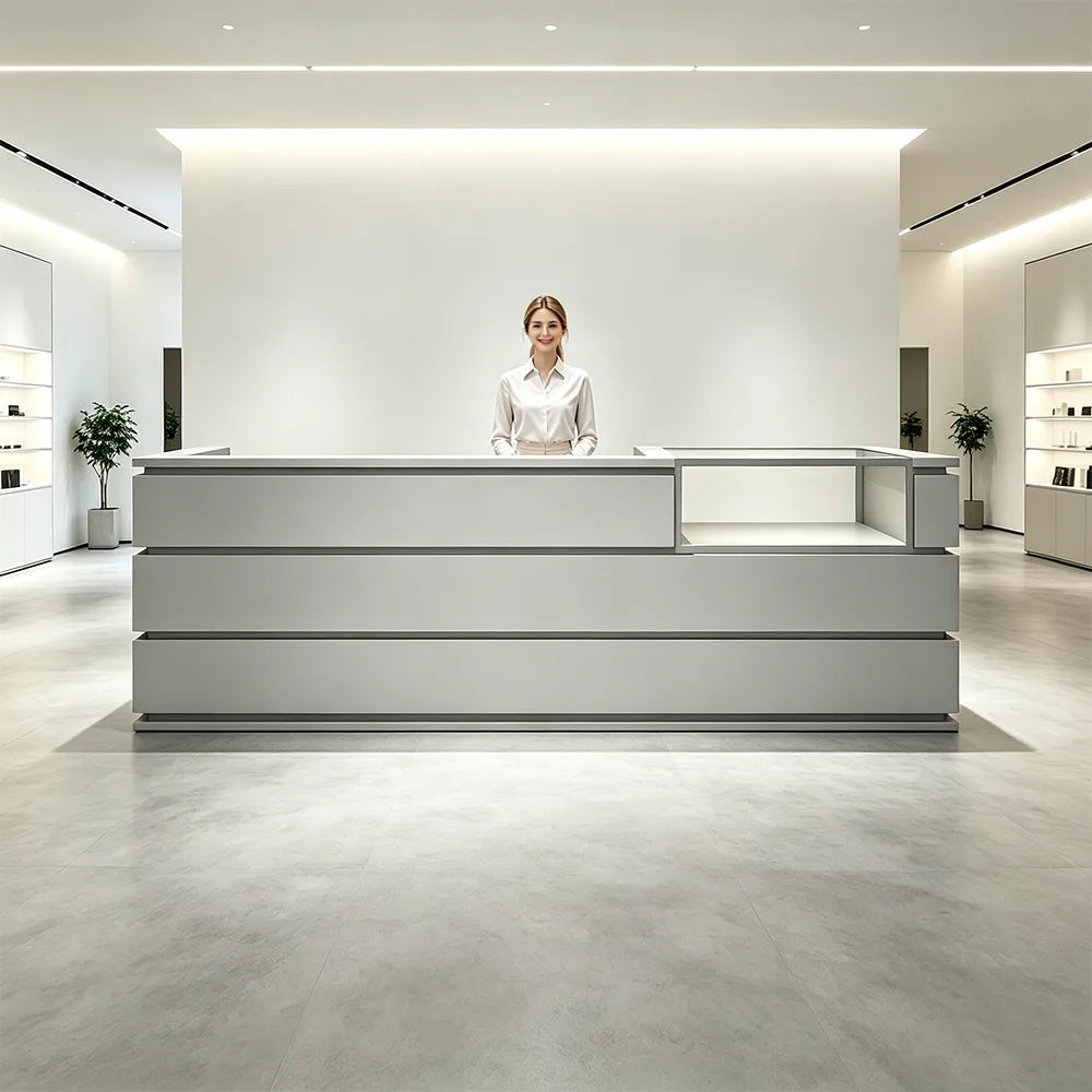 LUXORA 120/180cm Double-Tier Reception Counter with Tempered Glass Display & Storage for Retail Stores - Grey