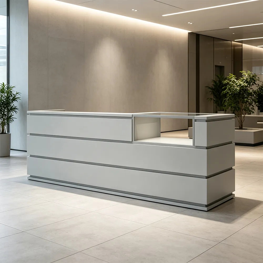 LUXORA 120/180cm Double-Tier Reception Counter with Tempered Glass Display & Storage for Retail Stores - Grey