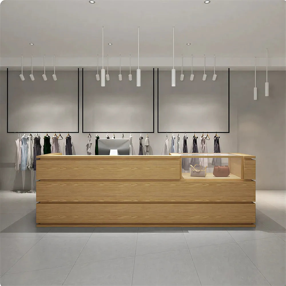 LUXORA 120/180cm Double-Tier Reception Counter with Tempered Glass Display & Storage for Retail Stores - Wood