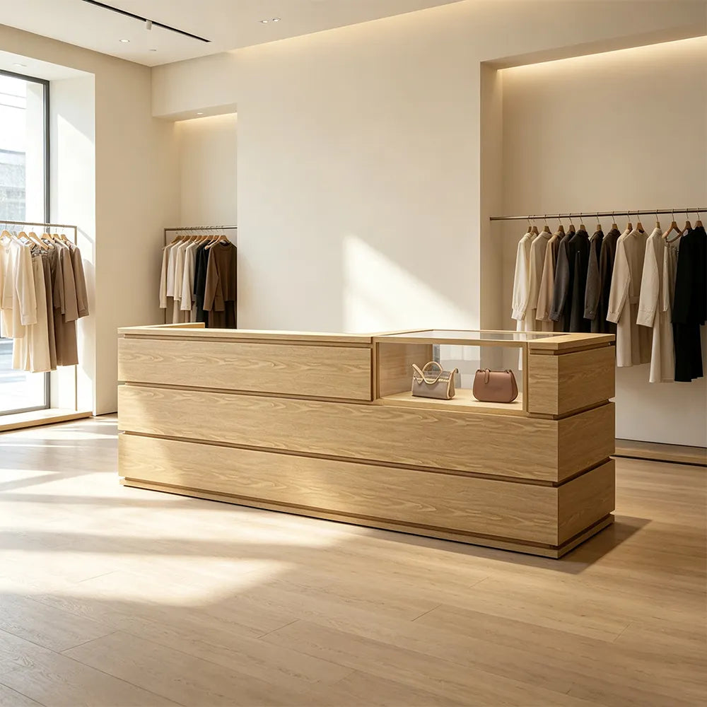 LUXORA 120/180cm Double-Tier Reception Counter with Tempered Glass Display & Storage for Retail Stores - Wood
