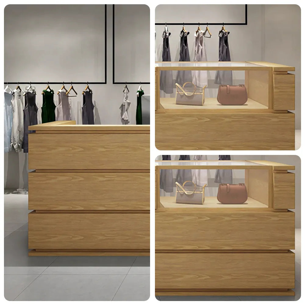 LUXORA 120/180cm Double-Tier Reception Counter with Tempered Glass Display & Storage for Retail Stores - Wood