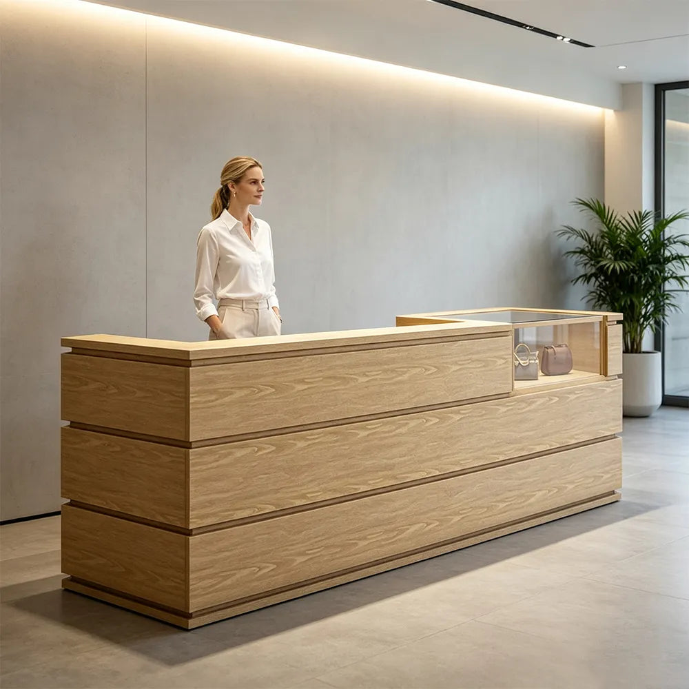 LUXORA 120/180cm Double-Tier Reception Counter with Tempered Glass Display & Storage for Retail Stores - Wood
