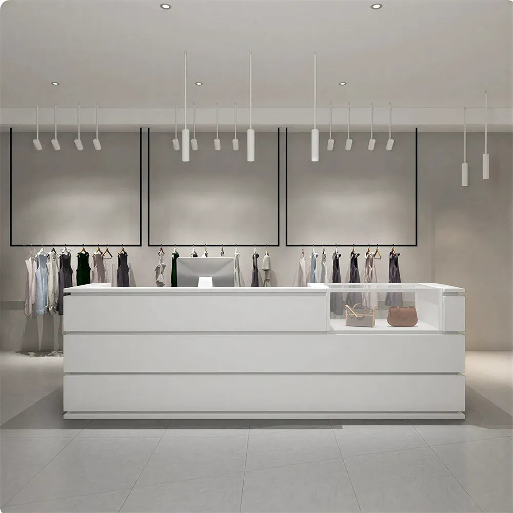 LUXORA 120/180cm Double-Tier Reception Counter with Tempered Glass Display & Storage for Retail Stores - White