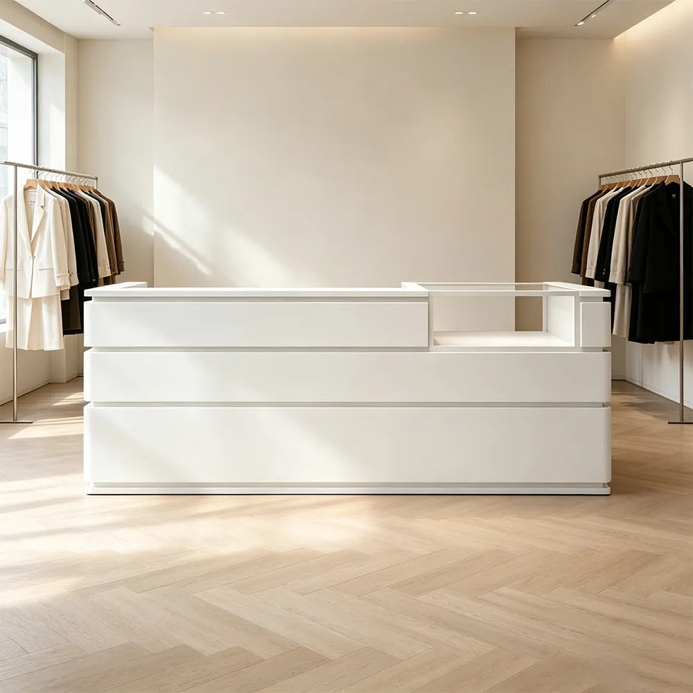 LUXORA 120/180cm Double-Tier Reception Counter with Tempered Glass Display & Storage for Retail Stores - White