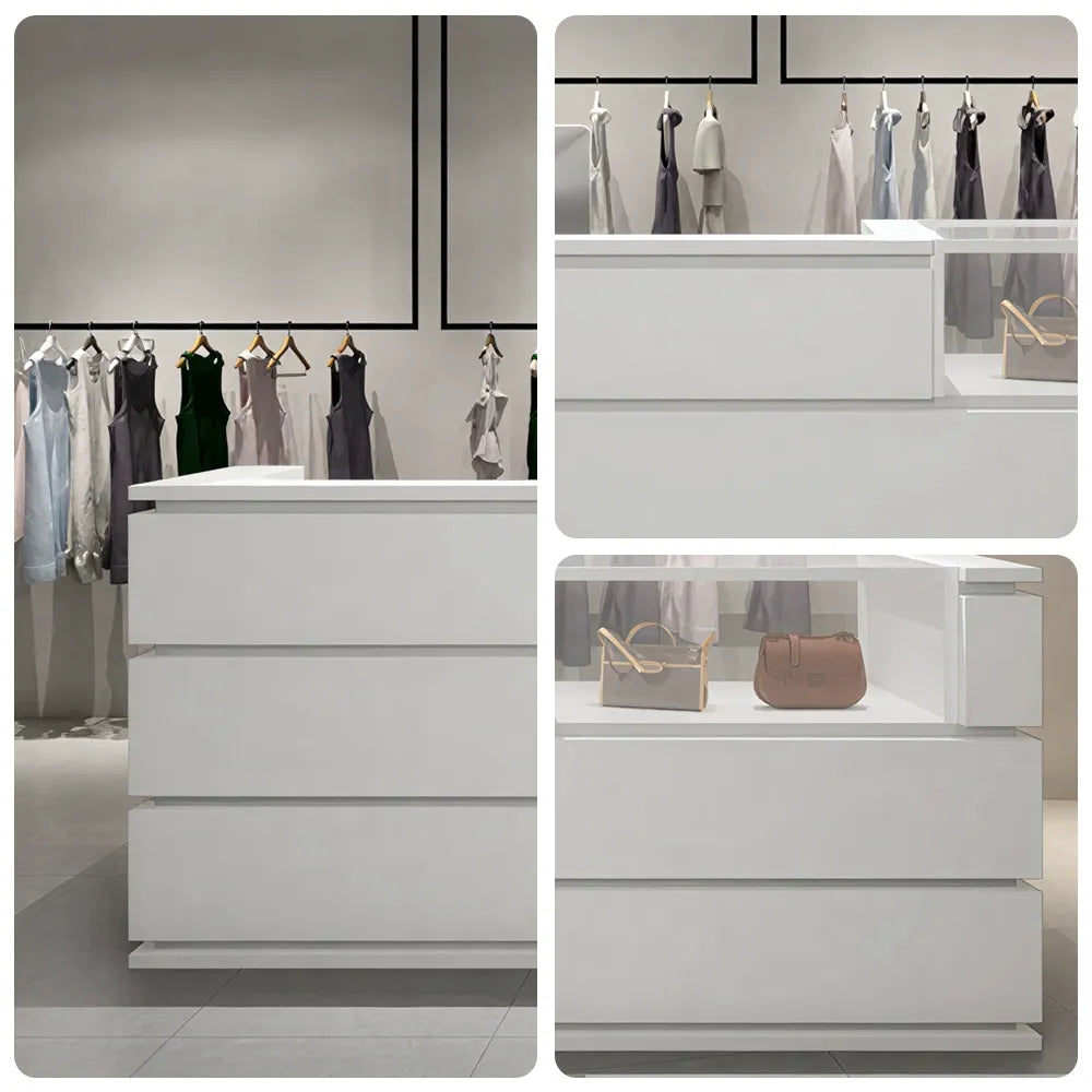 LUXORA 120/180cm Double-Tier Reception Counter with Tempered Glass Display & Storage for Retail Stores - White