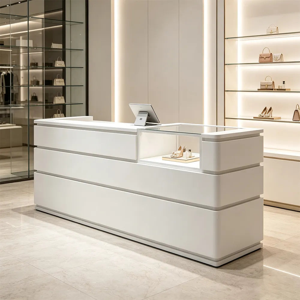 LUXORA 120/180cm Double-Tier Reception Counter with Tempered Glass Display & Storage for Retail Stores - White