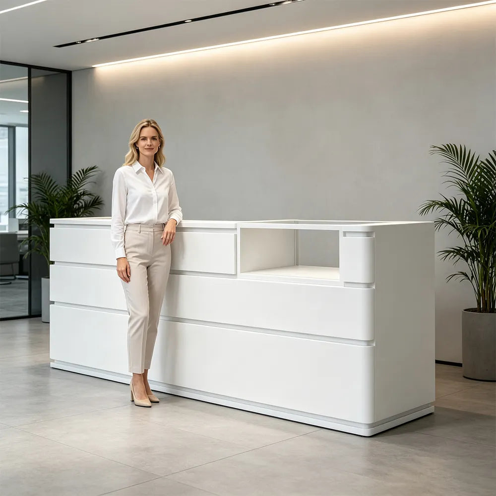 LUXORA 120/180cm Double-Tier Reception Counter with Tempered Glass Display & Storage for Retail Stores - White