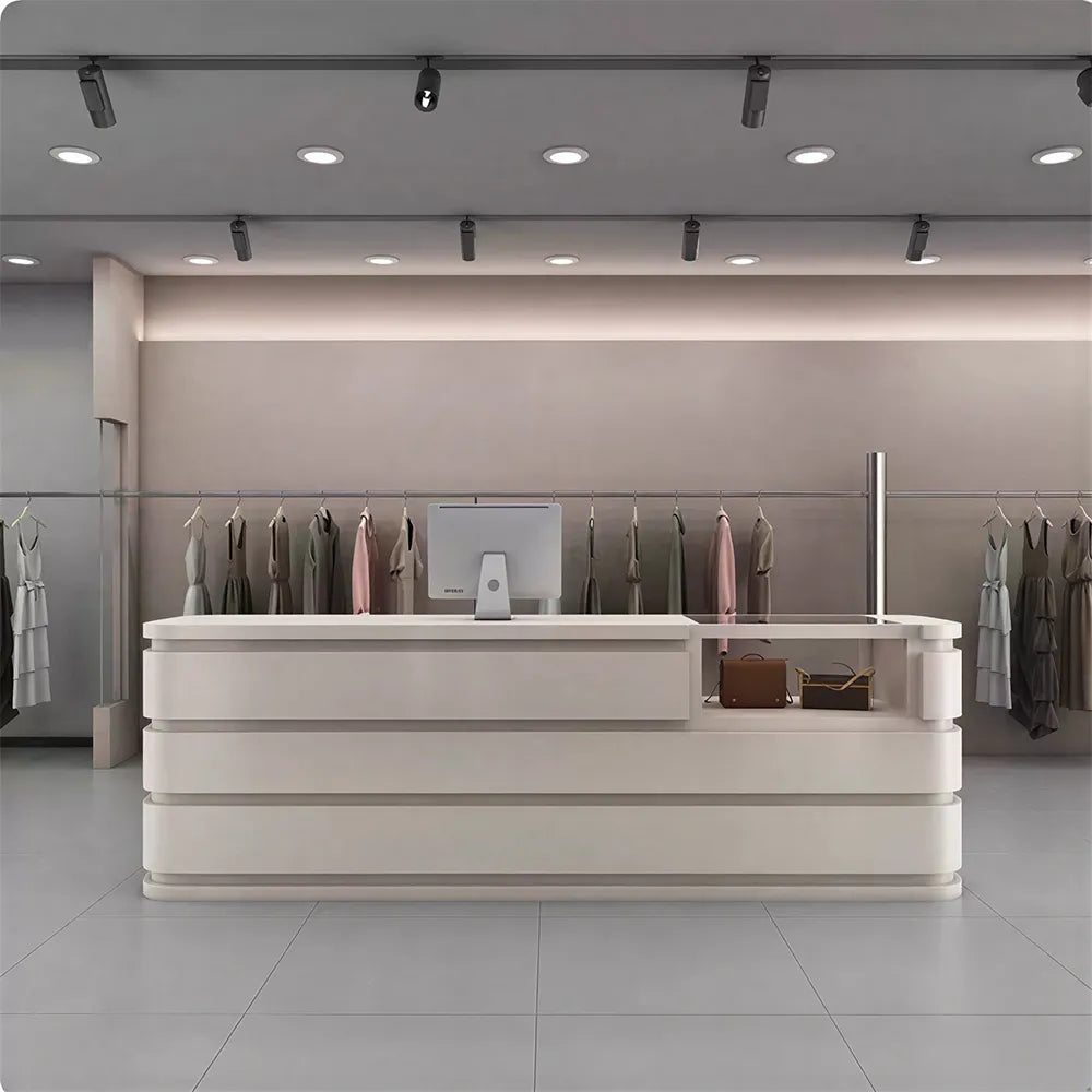 LUXORA 120/180cm Curved Reception Counter with Raised Countertop & Storage for Retail Stores - Beige