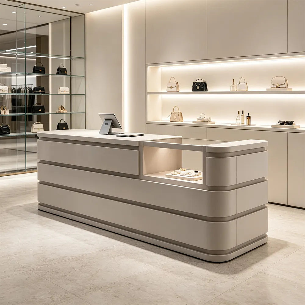 LUXORA 120/180cm Curved Reception Counter with Raised Countertop & Storage for Retail Stores - Beige