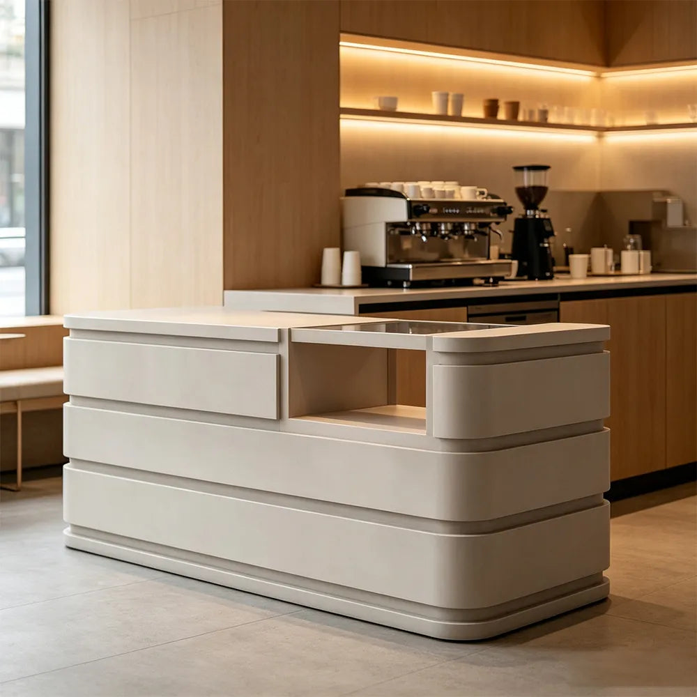 LUXORA 120/180cm Curved Reception Counter with Raised Countertop & Storage for Retail Stores - Beige