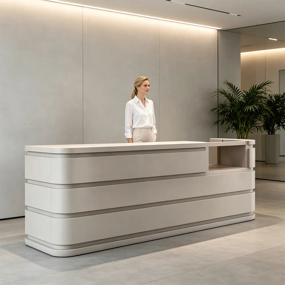 LUXORA 120/180cm Curved Reception Counter with Raised Countertop & Storage for Retail Stores - Beige