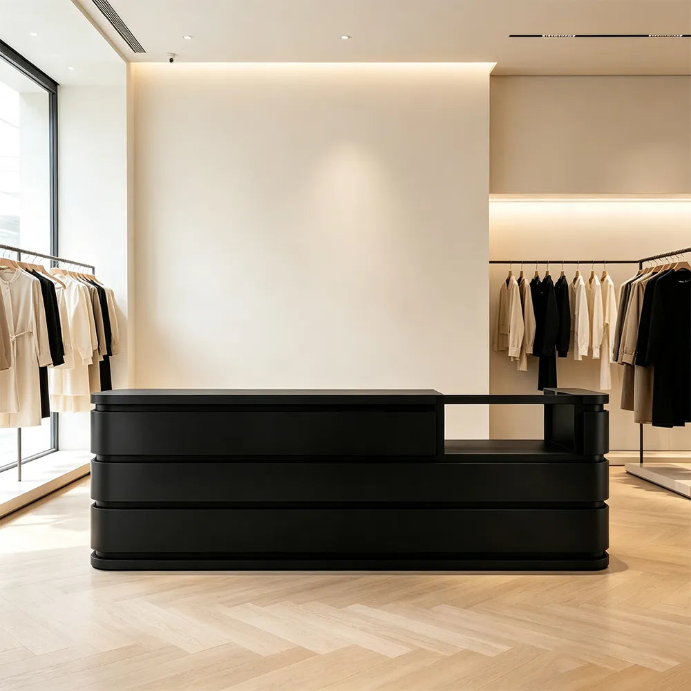 LUXORA 120/180cm Curved Reception Counter with Raised Countertop & Storage for Retail Stores - Black