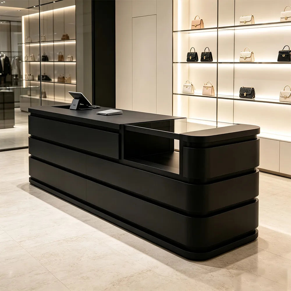 LUXORA 120/180cm Curved Reception Counter with Raised Countertop & Storage for Retail Stores - Black
