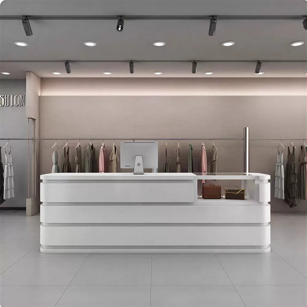 LUXORA 120/180cm Curved Reception Counter with Raised Countertop & Storage for Retail Stores - White