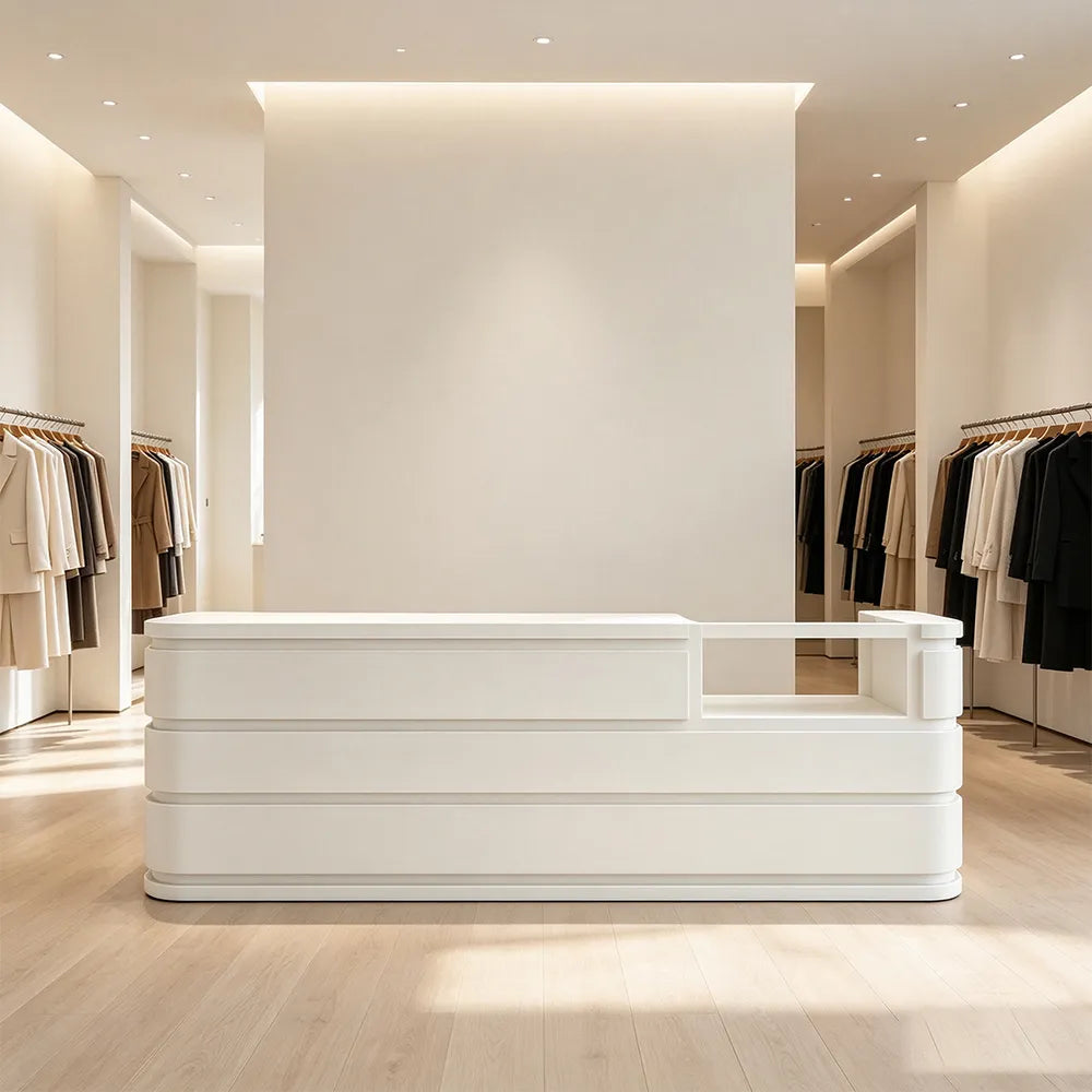 LUXORA 120/180cm Curved Reception Counter with Raised Countertop & Storage for Retail Stores - White
