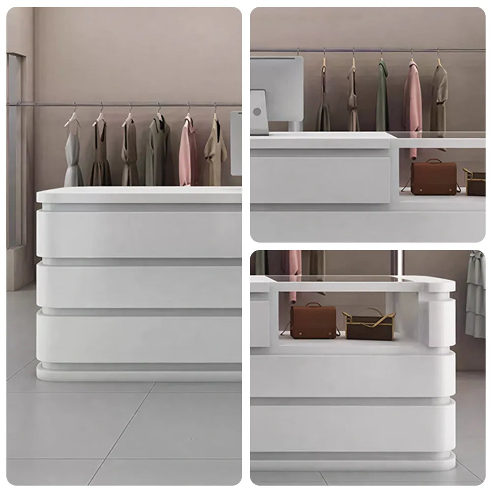 LUXORA 120/180cm Curved Reception Counter with Raised Countertop & Storage for Retail Stores - White