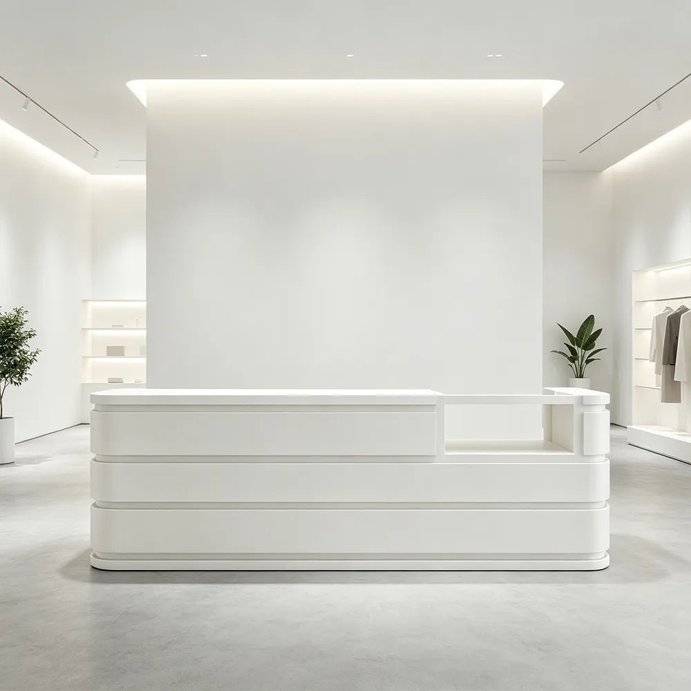 LUXORA 120/180cm Curved Reception Counter with Raised Countertop & Storage for Retail Stores - White
