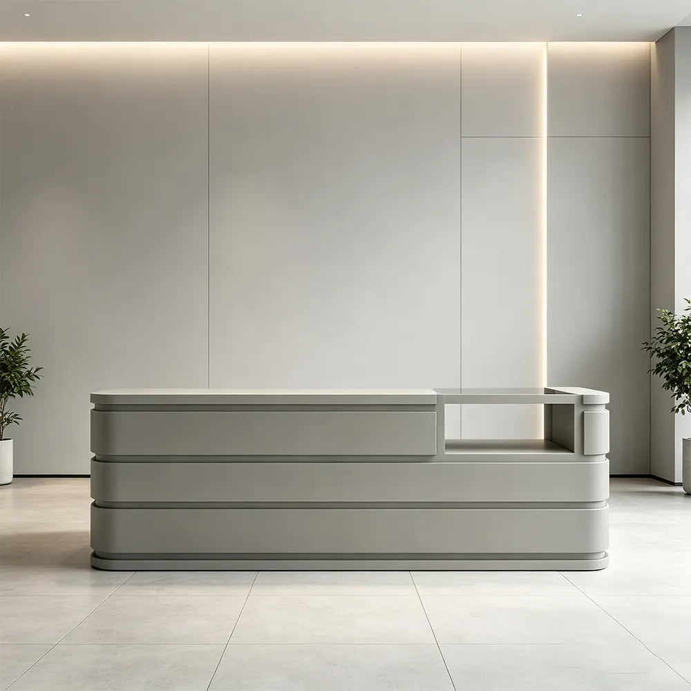 LUXORA 120/180cm Curved Reception Counter with Raised Countertop & Storage for Retail Stores - Grey