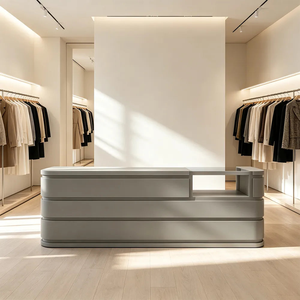 LUXORA 120/180cm Curved Reception Counter with Raised Countertop & Storage for Retail Stores - Grey