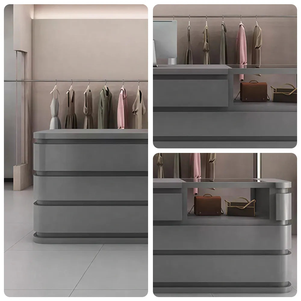 LUXORA 120/180cm Curved Reception Counter with Raised Countertop & Storage for Retail Stores - Grey