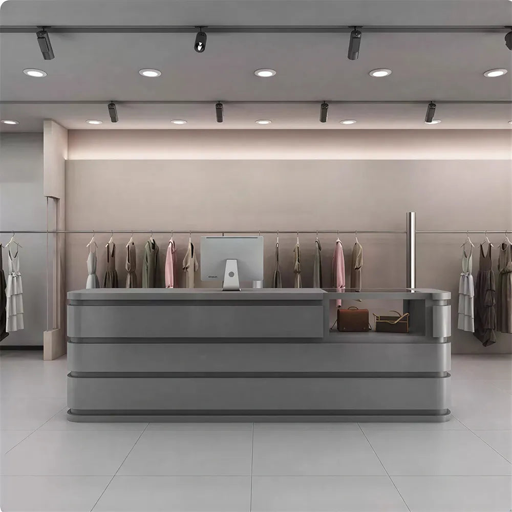 LUXORA 120/180cm Curved Reception Counter with Raised Countertop & Storage for Retail Stores - Grey