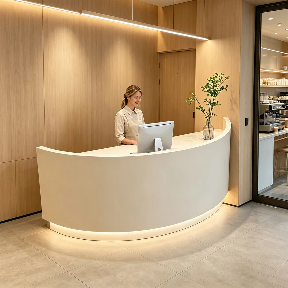 LUXORA Curved Reception Desk with Storage Modern Checkout Counter for Retail Store Office 120cm/180cm - Cream