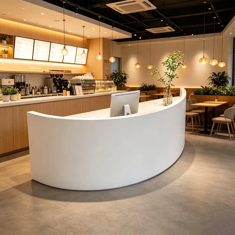 LUXORA Curved Reception Desk with Storage Modern Checkout Counter for Retail Store Office 120cm/180cm - White