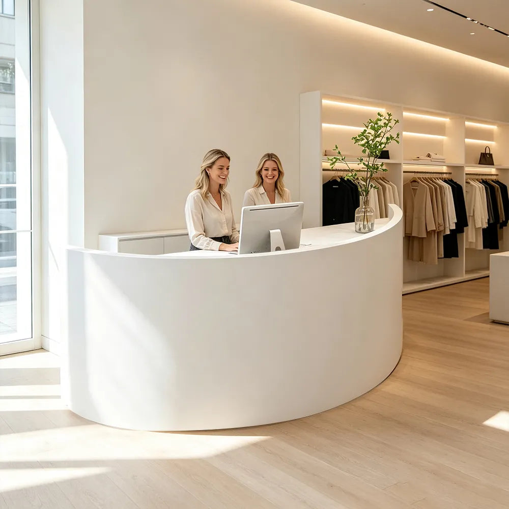 LUXORA Curved Reception Desk with Storage Modern Checkout Counter for Retail Store Office 120cm/180cm - White