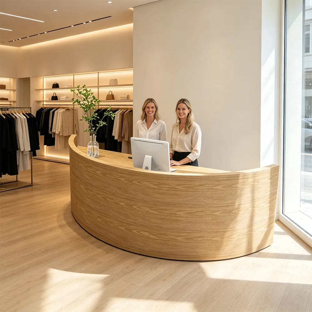 LUXORA Curved Reception Desk with Storage Modern Checkout Counter for Retail Store Office 120cm/180cm - Wood