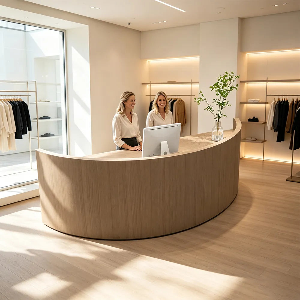 LUXORA Curved Reception Desk with Storage Modern Checkout Counter for Retail Store Office 120cm/180cm - Walnut