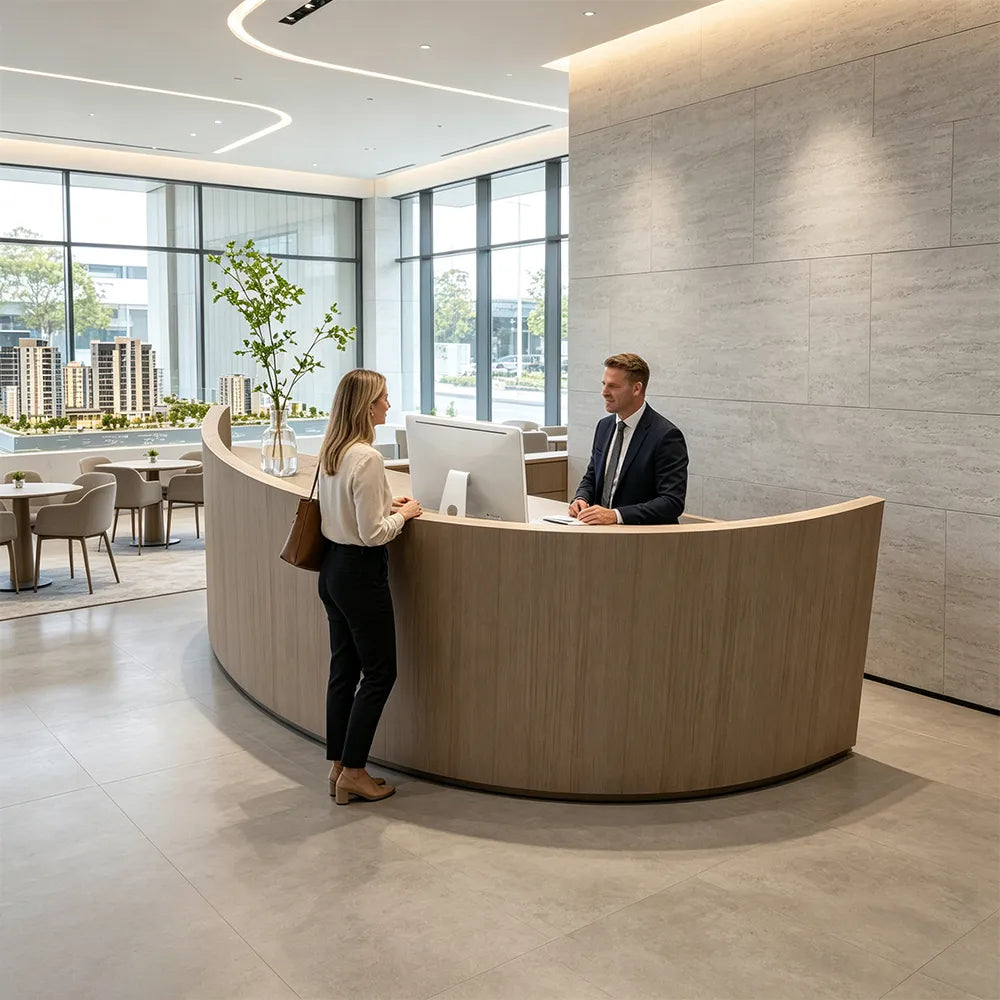 LUXORA Curved Reception Desk with Storage Modern Checkout Counter for Retail Store Office 120cm/180cm - Walnut