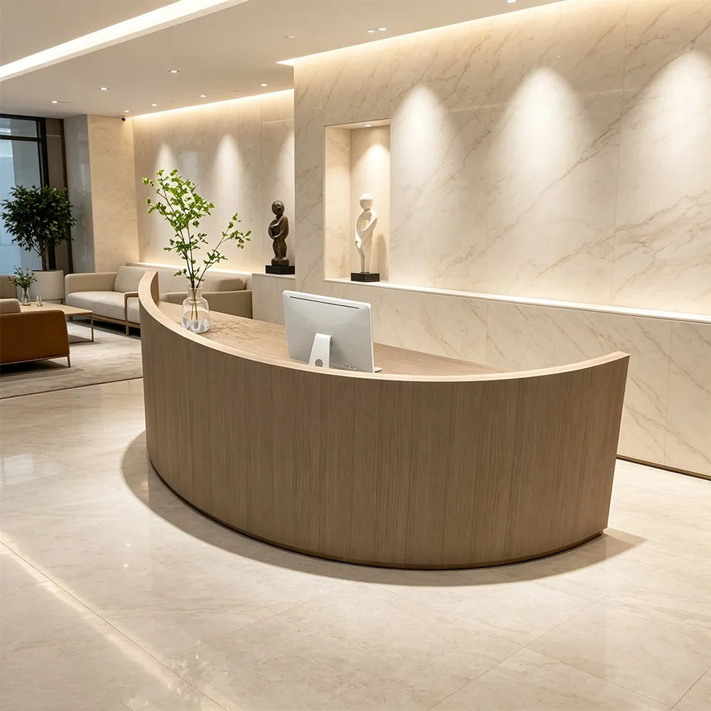 LUXORA Curved Reception Desk with Storage Modern Checkout Counter for Retail Store Office 120cm/180cm - Walnut