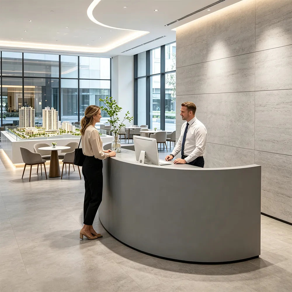 LUXORA Curved Reception Desk with Storage Modern Checkout Counter for Retail Store Office 120cm/180cm - Grey