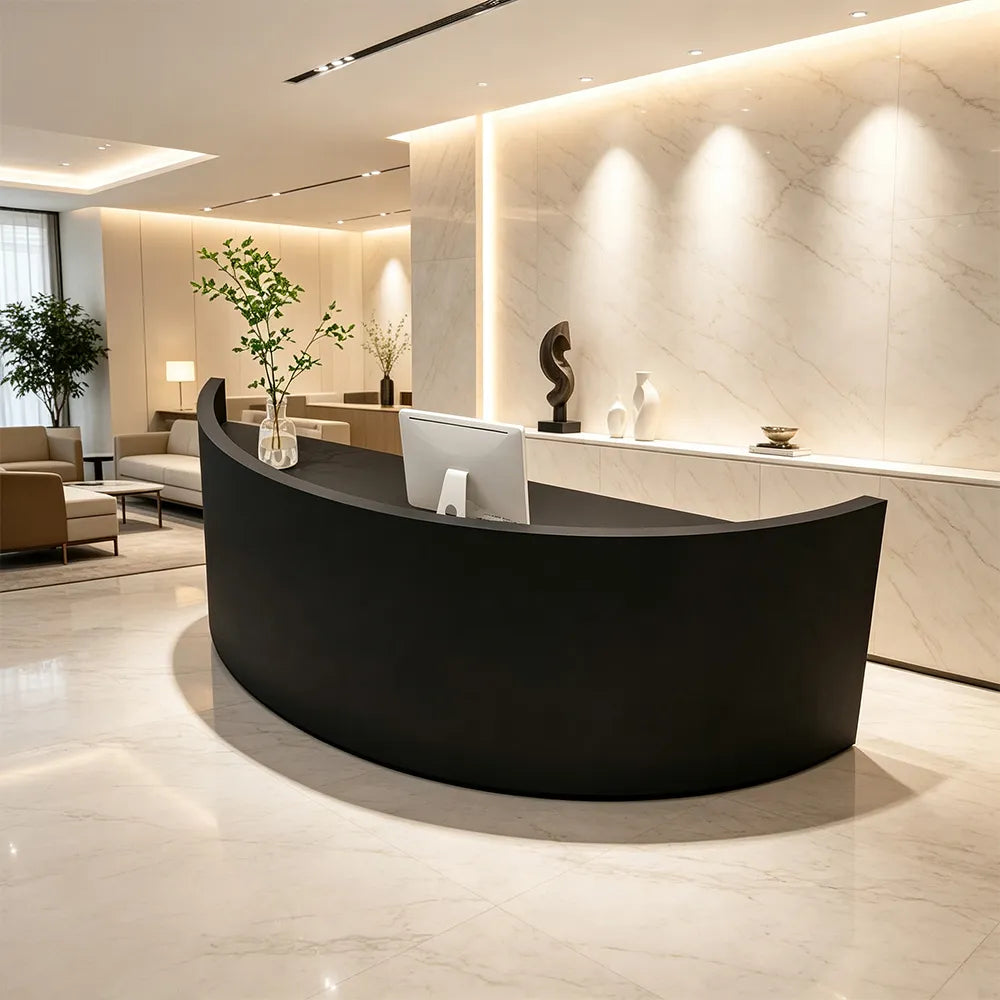 LUXORA Curved Reception Desk with Storage Modern Checkout Counter for Retail Store Office 120cm/180cm - Black