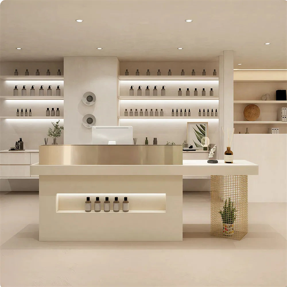 LUXORA Modern Reception Desk with Illuminated Logo Panel and Display Shelf for Salon Retail Store Office - Cream & Gold
