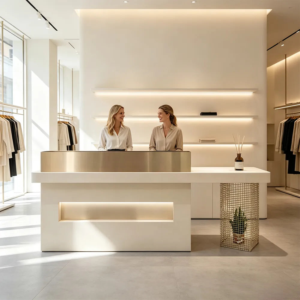 LUXORA Modern Reception Desk with Illuminated Logo Panel and Display Shelf for Salon Retail Store Office - Cream & Gold