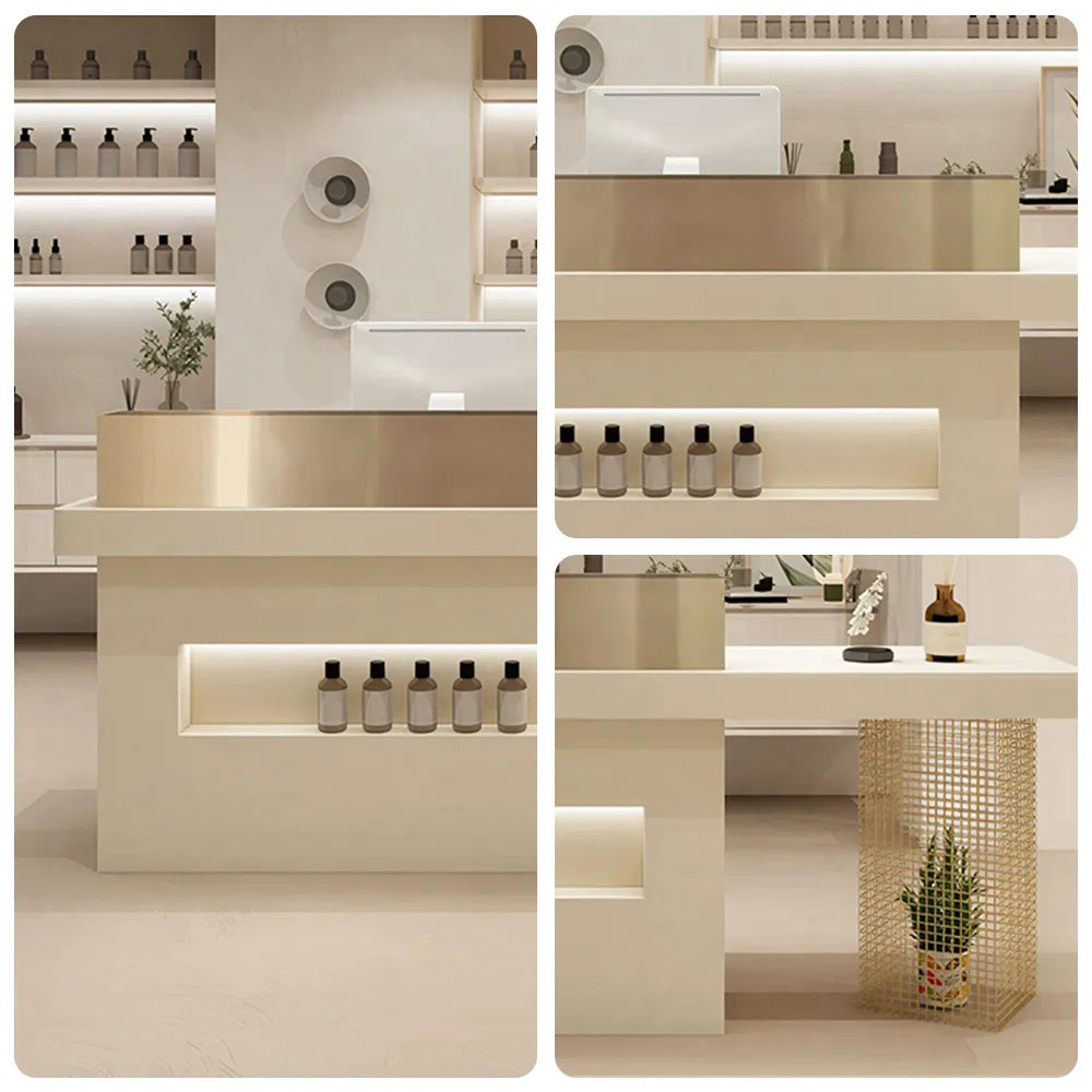 LUXORA Modern Reception Desk with Illuminated Logo Panel and Display Shelf for Salon Retail Store Office - Cream & Gold