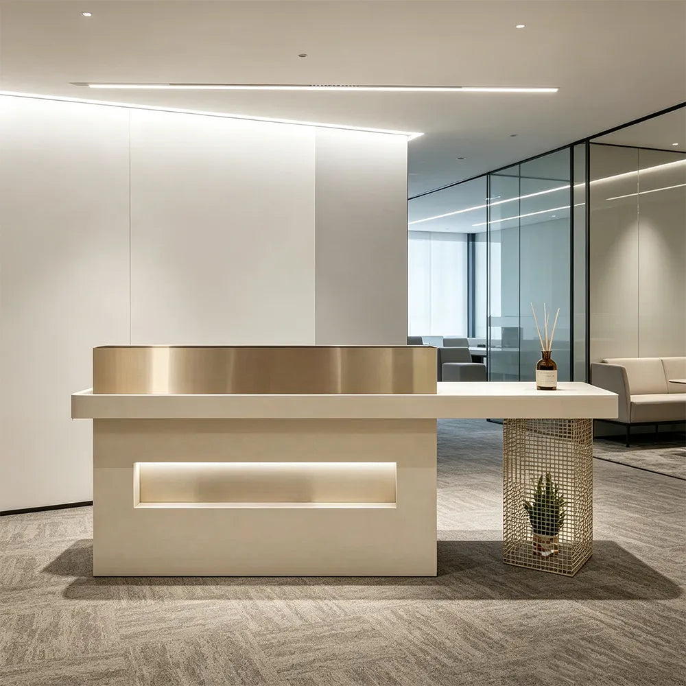LUXORA Modern Reception Desk with Illuminated Logo Panel and Display Shelf for Salon Retail Store Office - Cream & Gold