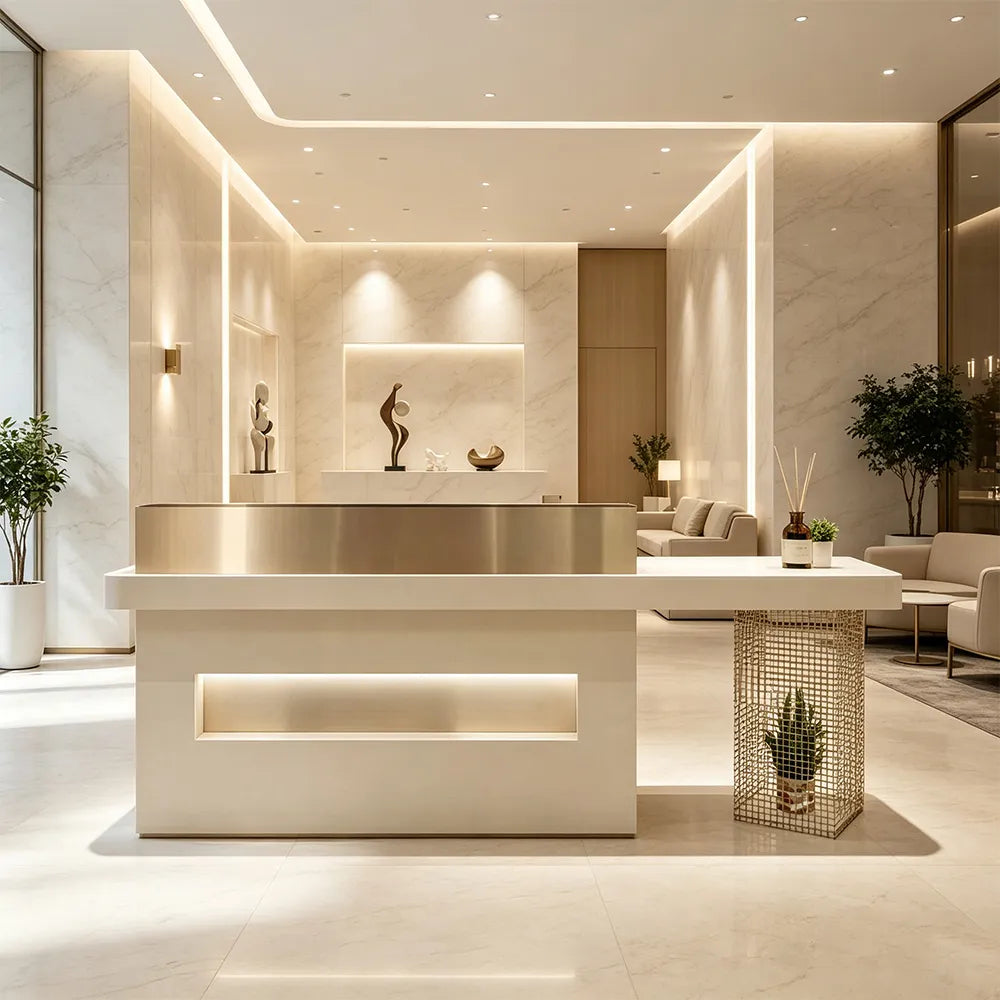 LUXORA Modern Reception Desk with Illuminated Logo Panel and Display Shelf for Salon Retail Store Office - Cream & Gold